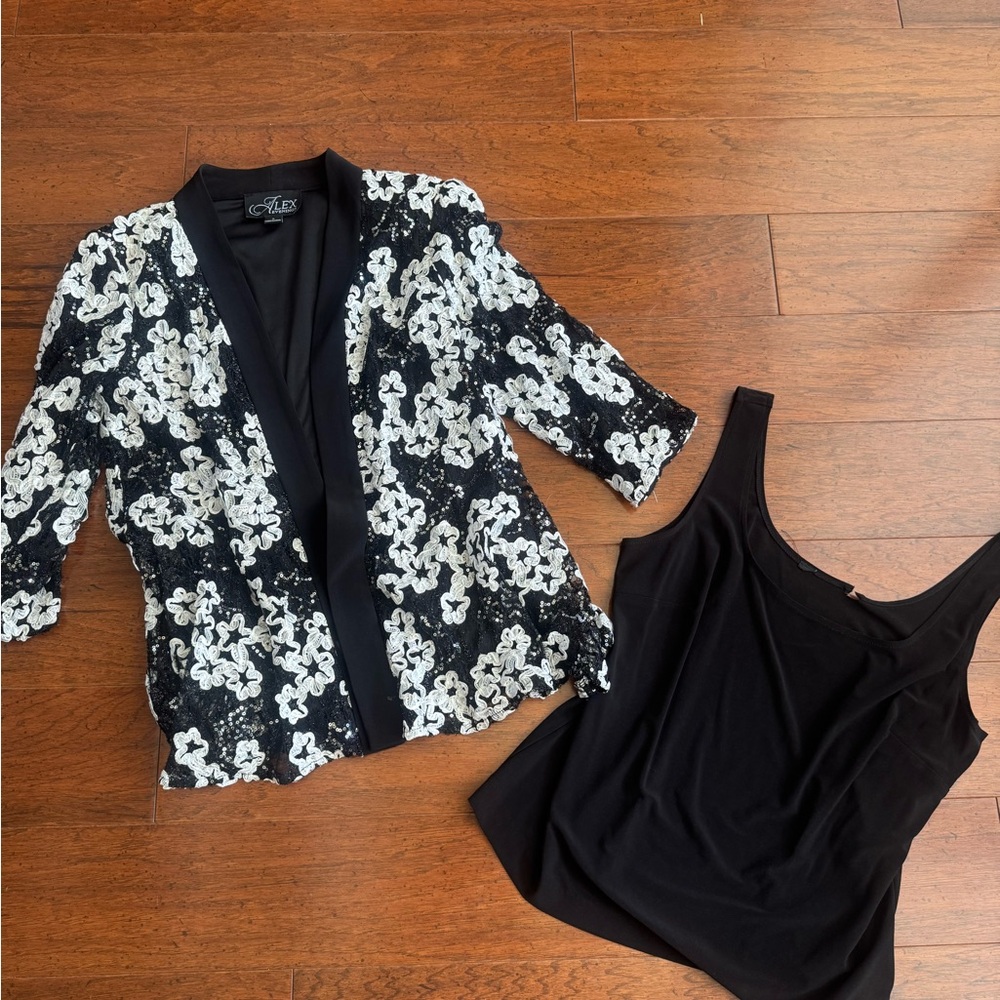 Alex Evenings Black Jacket with White Sequin Floral Embellishment